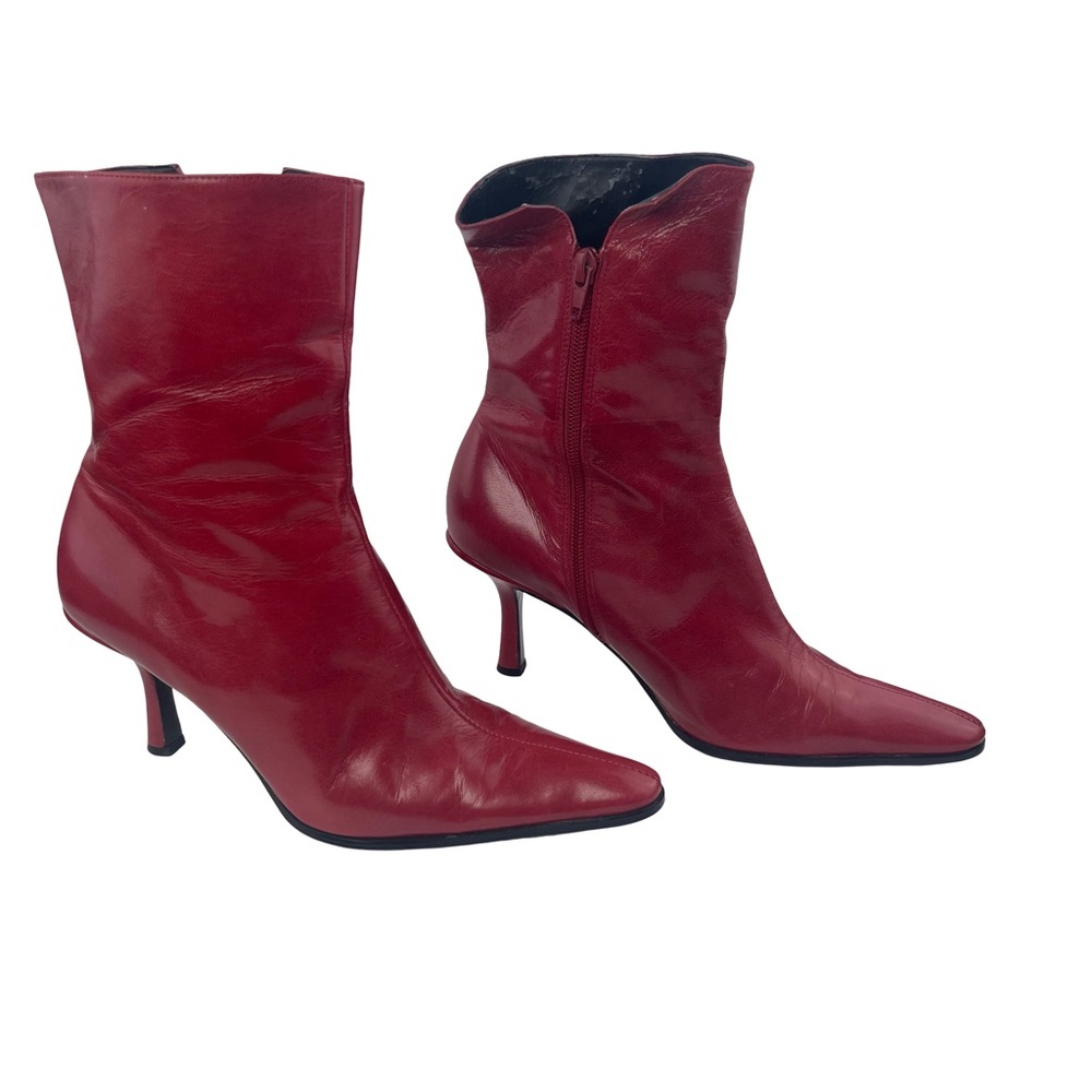 Nine West Red Leather Pointed Toe Stiletto Heel Ankle Boots Y2K Size 7.5 M - Picture 2 of 7